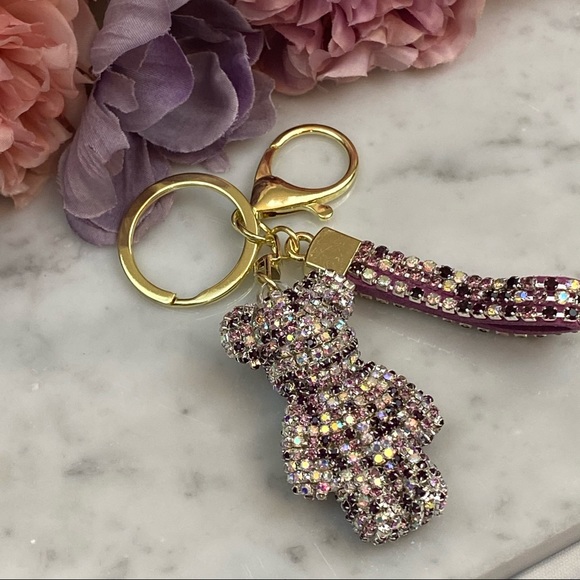 Multicolor Purple Crystal & Leather Strap Bear Keychain - Picture 7 of 13